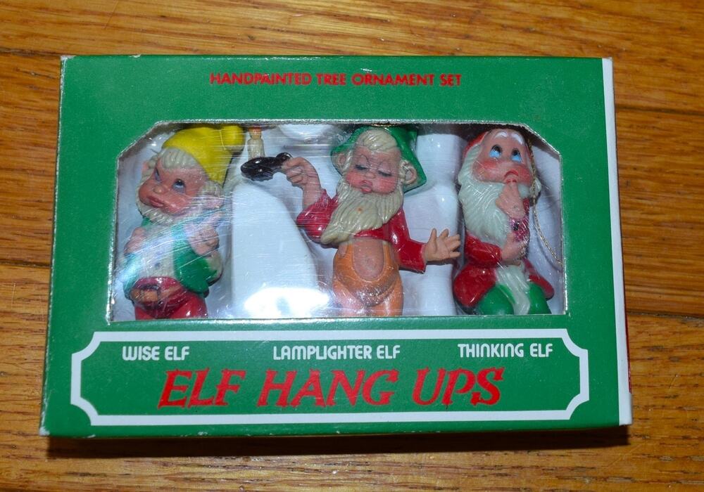 Vintage 1970 ELF HANG UPS Set Of 3 Hand Painted Ornaments Christmas Holiday